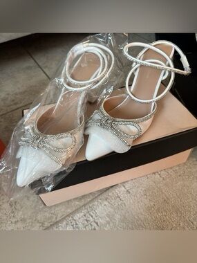 BCBGeneration White Crystal Bow Pointed Ankle-Strap Heels